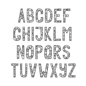 Handwritten patterned alphabet. Vector illustration