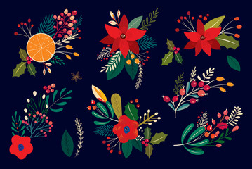 Fototapeta na wymiar Christmas vector illustration with decorative floral elements. 