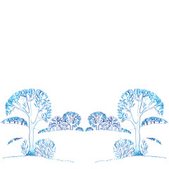 monochrome contour linear drawing winter landscape in blue