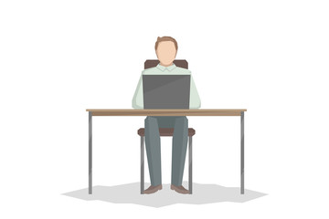 Caucasian man sitting at table and working on laptop. Vector illustration.