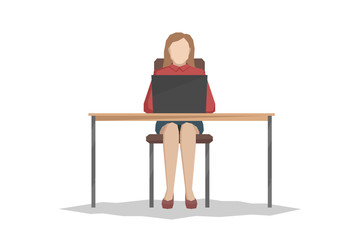 Caucasian woman sitting at table and working on laptop. Vector illustration.