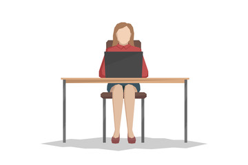 Caucasian woman sitting at table and working on laptop. Vector illustration.