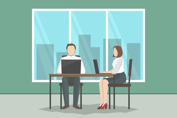 Man and woman working together in office. Vector illustration.