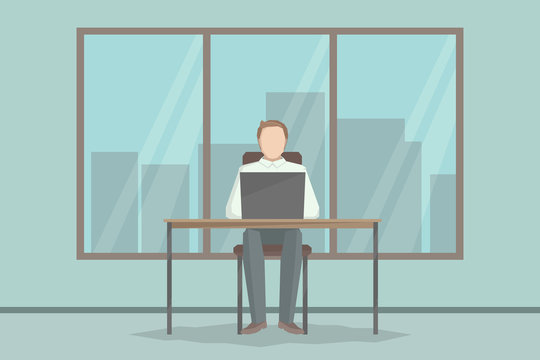 Employee working on laptop in office. Vector illustration.