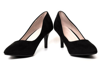 Stylish suede black women shoes on white background