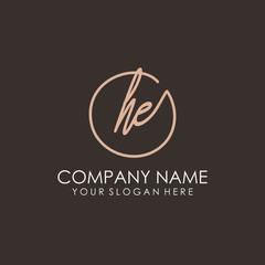 HE initials signature logo. Handwritten vector logo template connected to a circle. Hand drawn Calligraphy lettering Vector illustration.