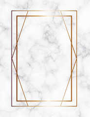 Marble background with gold geometric frame. Luxury template for wedding invitation cards with white marble texture and golden geometric pattern.