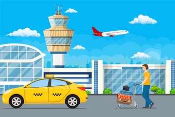 Airport buildings, control tower, male with luggage go on boarding in a taxi. Vector illustration in flat style.