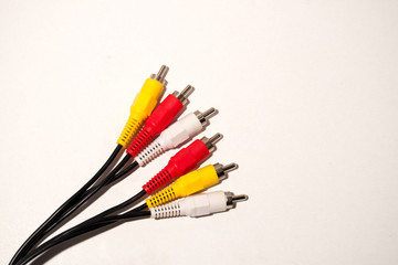 red yellow and white Cable. Audio video cable RCA jack isolated on white background