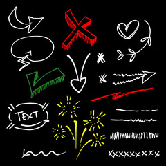 Vector hand drawn collection of design element. curly swishes, swoops, swirl, arrow, heart, love, crown, leaf, star, sun burst, firework, highlight text and emphasis element. use for concept design