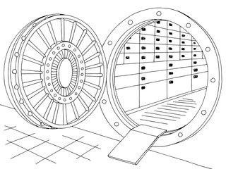 Bank vault safe interior graphic black white sketch illustration vector