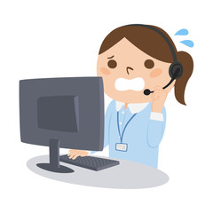 職業のイラスト。女性の電話オペレーター。慌てている女性。