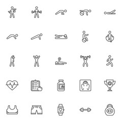 Fitness exercise line icons set. Sport equipment linear style symbols collection, outline signs pack. vector graphics. Set includes icons as weight, kettlebell, barbell, dumbbell, weight lifting, gym