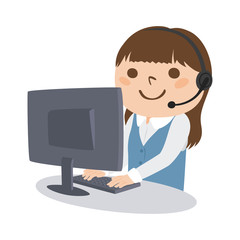 職業のイラスト。女性の電話オペレーター。ヘッドセットを付けて仕事をしている女性。