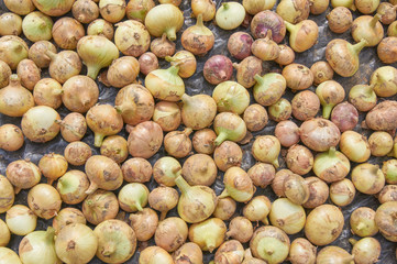 Raw onion. vegetables food in market. Crop background