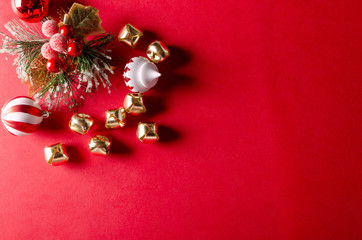 Christmas decorations on red