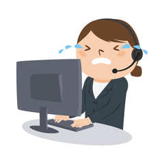 職業のイラスト。女性の電話オペレーター。涙を流して泣いている女性。
