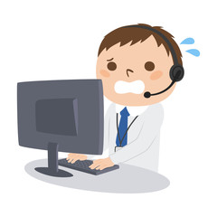 職業のイラスト。男性の電話オペレーター。慌てている男性。