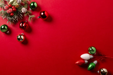 Christmas decorations on red background