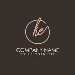 KE initials signature logo. Handwritten vector logo template connected to a circle. Hand drawn Calligraphy lettering Vector illustration.