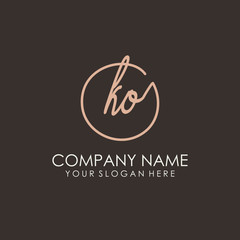 KO initials signature logo. Handwritten vector logo template connected to a circle. Hand drawn Calligraphy lettering Vector illustration.