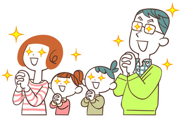 目を輝かせて祈る家族