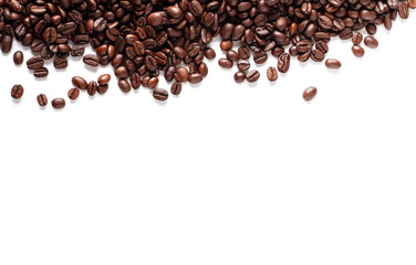 Coffee beans background isolated on white background. Top view. 