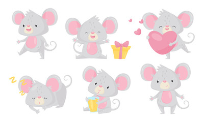 Cute Little Mouse Cartoon Character Collection, Adorable Rodent Animal in Different Situations Vector Illustration