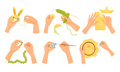 Human Hands Making Diy Crafts Collection, Different Creative Hobbies Vector Illustration