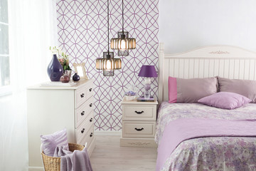 purple bedroom interior design concept and modern lamp
