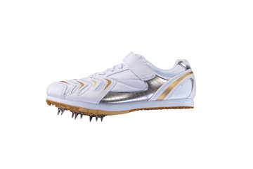 Sports shoes on a white background. White sneaker with spikes. Leather running shoes