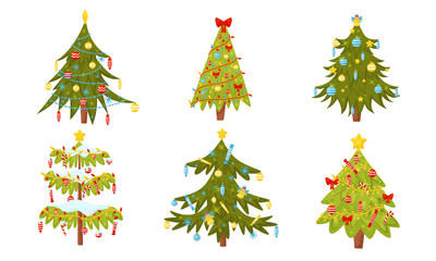 Christmas Trees Collection, Green Fir Trees Decorated with Garlands, Ribbons, Baubles, New Year Holidays Design Elements Vector Illustration