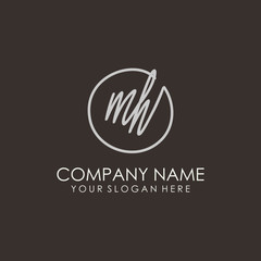MH initials signature logo. Handwritten vector logo template connected to a circle. Hand drawn Calligraphy lettering Vector illustration.
