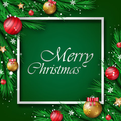 Beautiful Chrismas green background with border of pine tree, gold stars, snow flake, decorative ball.Merry Christmas and happy new year concept vector art, illustration.