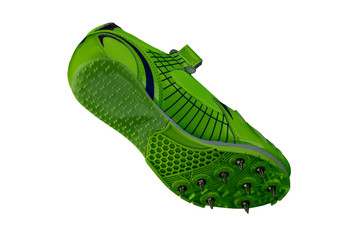 Green glossy sneaker with spikes on a white background. Sport shoes.