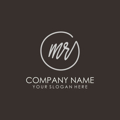MR initials signature logo. Handwritten vector logo template connected to a circle. Hand drawn Calligraphy lettering Vector illustration.