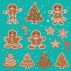Fototapeta premium Vintage Christmas poster design with vector gingerbread man, star, tree, candy characters.