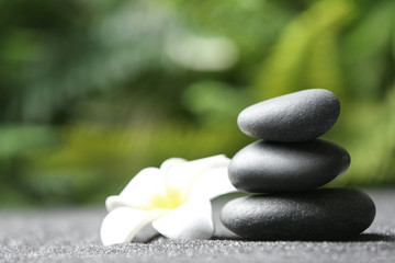 Fototapeta na wymiar Stones and plumeria flower on black sand against blurred background. Zen concept