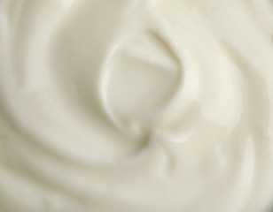 Fototapeta na wymiar Tasty organic yogurt as background, top view
