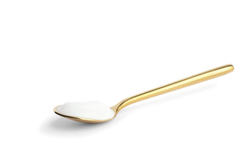 Spoon with tasty organic yogurt isolated on white