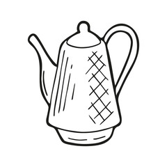 Single hand drawn classic coffee pot. In doodle style, black outline isolated on a white background. Cute element for card, social media banner, stickers. Vector illustration