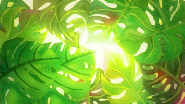 Abstract background with hand drawn watercolor tropical palm leaves. Seamless looping 4K footage. 