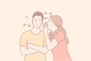 Spreading rumours, gossiping, sharing secrets concept. Young girl whispering in mans ear. Female intriguer telling secret information. Boy confused with annoying gossiper. Simple flat vector