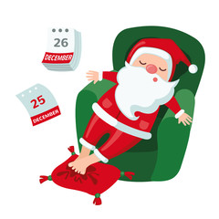 Tired Santa Claus sleeping the day after Christmas on chair isolated on white background.