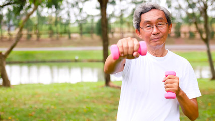 Happy asian man doing exercise by lifting dumbbells at the park.