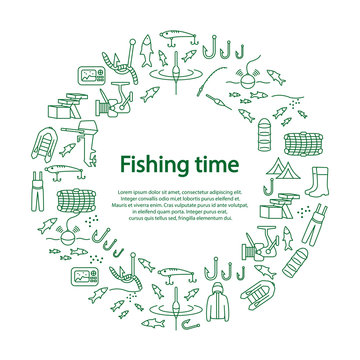Fishing vector circle template with green flat line icons. Concept for web banners and printed materials.