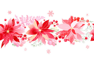 Fototapeta na wymiar Christmas tenter pink brush from poinsettia flowers, berries and plants. Holiday decoration. For postcards, greetings, cards, logo. Hand drawn design elements with watercolor texture. Festive backdrop