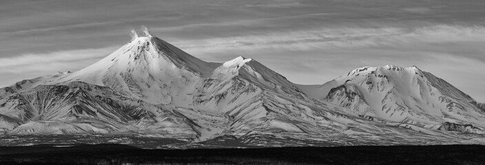 Active Avachinsky Volcano (Avacha Volcano) erupting gas, ashes, fumarole and Kozelsky Volcano....