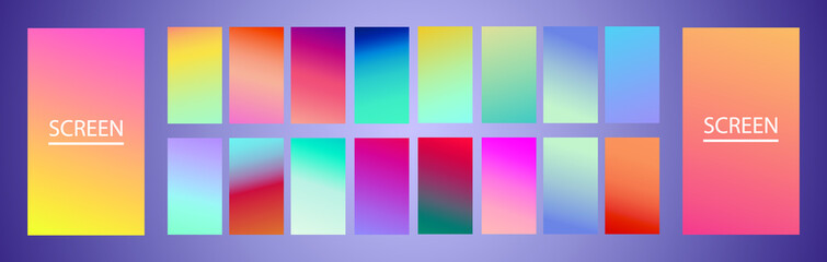 Vector EPS 10 Gradient Set. Different colors. Modern Smartphone screen, mobile app Template. Design for Wallpaper, background, banner, flyer, Social media post. 