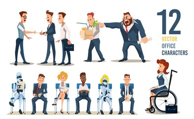 Office Workers, Employees for Hire Trendy Flat Vector Characters Set. Meting with Vacancy Candidates, Work Dismissal, People and Robots Waiting for Job Interview, Woman in Wheelchair Illustrations